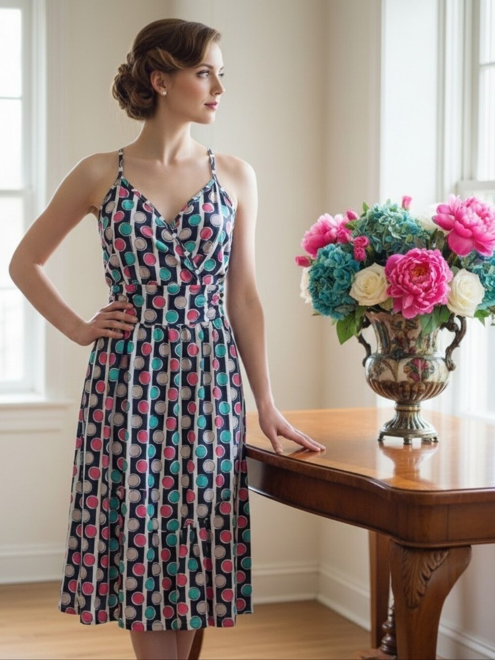 Kilig Colorful Polkadot & Stripes Bold Artistic Print Midi Dress Size Large